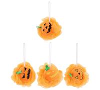 CHICAMPERA Pumpkin Shower Poufs Sponges 4pcs Halloween Bath for Exfoliating, Mesh Loofah with Gentle Exfoliation and Convenient Design, for Travel and Bath Time