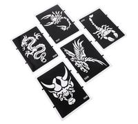 CHICAMPERA Temporary Tattoos Stencils with Glitter Effect Hollow-out Pvc 5pcs Featuring Dragon Wolf Tiger Designs, Reusable Body Tattoos Templates for Festivals and Beach Use
