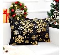 Chicamy 45 x 45 cm Christmas Cushion Cover Pack of 2 Christmas Cushion Gold Snowflake Pattern Cushion Covers Black Christmas Cushion Cover Decorative Cushion Cover for Couch Living Room Winter