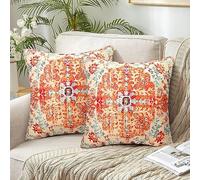Chicamy 50 x 50 cm Linen Cushion Cover Boho Decorative Double-Sided Print Cushion Covers Turkish Rug Pattern Vintage Decorative Cushion Cover for Sofa Living Room Bedroom Garden Set of 2