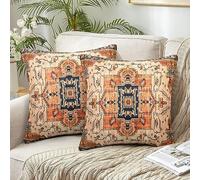 Chicamy Linen Cushion Cover, 45 x 45 cm, Set of 2, Bohemian Indian Cushion Covers, Double-Sided Pillowcase with Zip, Country House Style, Autumn Decorative Cushion Cover for Living Room, Bedroom