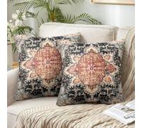 Chicamy Set of 2 Bohemian Cushion Covers, 45 x 45 cm, Double-Sided Indian Boho Abstract Linen Orange Cushion Covers, Square Decorative, Outdoor for Sofa, Bedroom