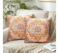 Chicamy Set of 2 Boho Cushion Covers 40 x 40 cm Vintage Double-Sided Print Antique Ethnic Linen Mandala Flower Pattern Cushion Cover Country House Style Decor
