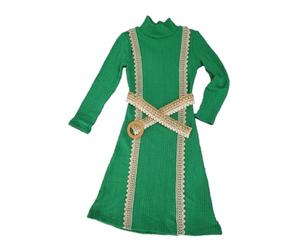 CHICAPRIE Elegant Dress Design with Two Patterned Stripes on the Front Sides and Matching Belt (UK, Numeric, 128, Regular, Green)