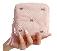Chicarries Small Makeup Bag | Discreet Period Bag Pad Pouch for Purse| Sanitary Napkin Storage & Tampon Holder for Travel (Quilted bow pink)