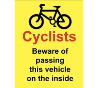 Chicbanners Cyclists Beware of passing this vehicle on the inside Warning Safety Sign Self Adhesive Gloss Sticker 160mm x 125mm