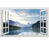 Chicbanners Lake Mountains Forest Scene 3D V001 Magic Window Wall Sticker Self Adhesive Poster Wall Art Size 1000mm wide x 600mm deep (large)