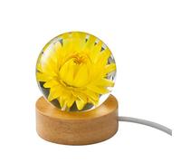ChicBosomn 3D Flower Crystal Ball Night Light, 6 cm Glass Ball Night Lamp with Woodern Base, Crystal Sphere Lamp with Daisy Perpetual Flower for Home Table Decorations Birthday (Yellow)