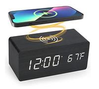 ChicBosomn Bedside Wireless Charging Radio Alarm Clock with Dimmable LED Display Non Ticking Mains Powered Dual Alarm Clock with USB Charger(D)