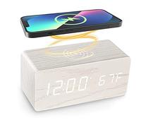 ChicBosomn Bedside Wireless Charging Radio Alarm Clock with Dimmable LED Display Non Ticking Mains Powered Dual Alarm Clock with USB Charger(C)