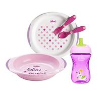 Chicco Baby Silicone Tableware Set, Children's Weaning Set with Thermal Plate, Eat Easy Plate, Baby Learning Cup and Silicone Spoon, Children's Tableware 12 Months+, Pink