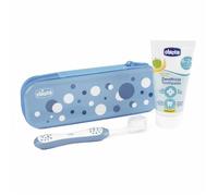 Chicco Baby Toothbrush and Toothpaste Set with Practical Case, Apple-Banana Toothpaste and Toothbrush for First Milk Teeth, Travel Kit, 6-36 Months, Light Blue