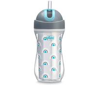 Chicco Double Wall Insulated Flip-Top Sippy Cup with Silicone Straw and Spill-Free Lid 9oz. | Top-Rack Dishwasher Safe | Easy to Hold with Ergonomic Indents | Sunburst Silver/Blue | 12+ Months