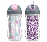 Chicco Double-Wall Insulated Flip-Top Sippy Cup with Silicone Straw and Spill-Free Lid, 9oz. | Top-Rack Dishwasher Safe | Easy to Hold with Ergonomic Indents | Floral/Purple Print, 2pk | 12+ Month