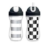 Chicco Double-Wall Insulated Flip-Top Sippy Cup with Silicone Straw and Spill-Free Lid 9oz.| Top-Rack Dishwasher Safe | Easy to Hold with Ergonomic Indents | Black/White/Silver, 2pk | 12+ Months