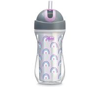 Chicco Double Wall Insulated Flip-Top Sippy Cup with Silicone Straw and Spill-Free Lid 9oz. | Top-Rack Dishwasher Safe | Easy to Hold with Ergonomic Indents | Rainbow Silver/Purple | 12+ Months