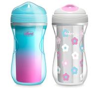 Chicco Double-Wall Insulated Sippy Cup with Bite-Proof Rim Spout and Spill-Free Lid 9oz. | Top-Rack Dishwasher Safe | Easy to Hold Ergonomic Indents | Teal/Pink/Floral, 2pk | 12+ Months
