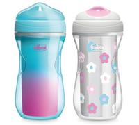 Chicco Double-Wall Insulated Sippy Cup with Bite-Proof Rim Spout and Spill-Free Lid 9oz. | Top-Rack Dishwasher Safe | Easy to Hold Ergonomic Indents | Teal/Pink/Floral, 2pk | 12+ Months