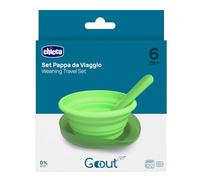 Chicco Travel Lunch Set, 250ml Silicone Folding Plate, Handy Spoon, Compact Case, Ideal for Travel, Portable Meal Kit, Comfortable and Easy to Carry, 6 Months+, Green