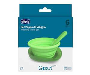 Chicco Travel Lunch Set, 250ml Silicone Folding Plate, Handy Spoon, Compact Case, Ideal for Travel, Portable Meal Kit, Comfortable and Easy to Carry, 6 Months+, Green