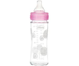 Chicco Well-Being Anti-Colic Baby Bottle with Slow Flow, Baby Bottle for Infants 0+ Months with Physiological Teat Made of Soft Silicone with Soft Sense Finish, 240 ml Glass Bottle, Pink