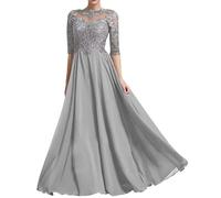 ChicFash Chiffon Mother of The Bride Dresses Half Sleeve Evening Gowns Lace Applique Beaded Formal Wedding Dresses Silver