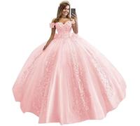 ChicFash Off Shoulder Quinceanera Dresses for Girls 3D Flower Puffy Ball Gowns for Teens Sweet 16 Lace Prom Dresses for Women Blush