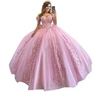 ChicFash Off Shoulder Quinceanera Dresses for Girls 3D Flower Puffy Ball Gowns for Teens Sweet 16 Lace Prom Dresses for Women Pink