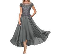 ChicFash Tea Length Mother of The Bride Dresses for Wedding 2024 Cap Sleeves Lace Chiffon Formal Gown with Pockets Steel Grey