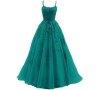 ChicFash Tulle Spaghetti Straps Prom Dresses Long Lace Appliques Ball Gowns for Women Corset Backless Evening Dress Teal