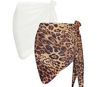 CHICGAL 2 Pieces Women Beach Sarong Bathing Suit Wrap Skirt Sheer Bikini Swimsuit Cover Ups for Swimwear, White and Leopard, One Size