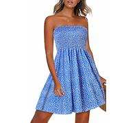 CHICGAL Summer Dresses for Women Beach Cover Ups Strapless Boho Floral Print Sundress, A Blue Polka Dot, Small