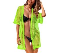 CHICGAL Women Swimsuit Coverup Crochet Beach Cover Up Short Sleeve Kimono Cardigans Causal Bikini Open Front Outfits, Neon Green, XL