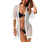 CHICGAL Women Swimsuit Coverup Crochet Beach Cover Up Short Sleeve Kimono Cardigans Causal Bikini Open Front Outfits, White, Large