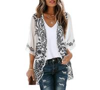 CHICGAL Women's Floral Print Puff Sleeve Kimono Cardigan Loose Cover Up Casual Blouse Tops, C White Flower, Small