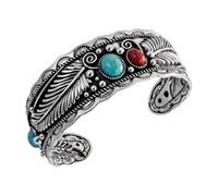 ChicGlowz Chunky Turquoise Cuff Bracelet For Women, Vintage Western Boho Feather Green Red Stone Gold Silver Tone Adjustable Open Bangle Bracelets Birthday Wife Mom Jewelry Gift