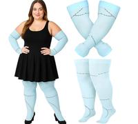 Chicingyou 2 Pcs Halloween Costume Women Scar Arm Sleeves Thigh Highs Stocking Socks for Cosplay Dress up Parties, Plus Size Light Blue