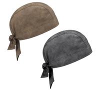 Chicingyou 2 Pcs Leather Biker Skull Cap for Women Distressed Motorcycle Bandana Doo Rags Adjustable Skull Cap, Distressed Black,Old Brown, One Size