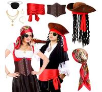 Chicingyou 2 Set Funny Halloween Pirate Couples Costume for Adult, Matching Halloween Costumes Including Pirate Hat, Sash, Eye Patch, Necklace Accessories, for Women Men Friends Cosplay Dress up Party