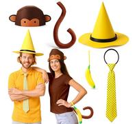 Chicingyou 2 Set Halloween Couple Costume for Adult Man Yellow Hat with Polka Dots Tie Women Monkey Costume Hat with Tail Funny Bananas Coin Purse for Cosplay