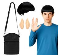 Chicingyou 3 Pcs Star Captain Halloween Costume Set, Alien Style Character Thick Eyebrow Man Include Fairy Pointed Ears, Black Bowl Cut Wig and Men Mini Crossbody Bag for Halloween Cosplay Party