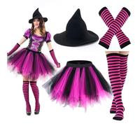 Chicingyou 4 Pcs Halloween Witch Tutu Costume Set for Women, Halloween Witch Hat Tutu Skirt Striped Knee Socks Arm Warmers Set for Adult Women Cosplay Carnival Party Favors Black, Rose Red