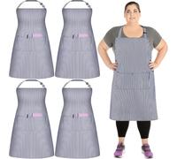 Chicingyou 4 Pcs Plus Size Chef Apron Large Adjustable Stripe Aprons with 2 Pockets Unisex Professional Apron for Cooking(Navy Blue)