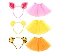 Chicingyou 6 Pcs Yellow Bear and Friends Costume Accessories Bear Pig and Tiger Ear Headband, Yellow Pink and Orange Tutu Skirts Animal Ear Costume for Adult Halloween Cosplay Party Supplies