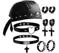 Chicingyou 7 Pcs Leather Bandana Biker Doo Rag Punk Doo Rags Leather Punk Biker Set with Black Choker Necklaces Bracelets Cross Earrings Set for Women Gothic Accessories
