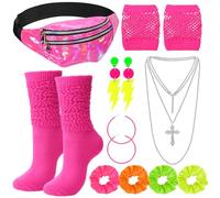 Chicingyou 80s Costume Accessories for Women Neon Waist Bag Earrings Fishnet Gloves Necklace Stacked Socks Scrunchies, Rose Red, One Size
