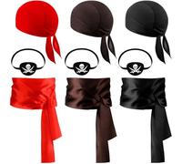 Chicingyou 9 Pcs Pirate Accessory Set Halloween Cosplay Costume with Head Scarf Bandana Satin Waist Sash Belt Eye Patch, Black Brown Red, One size