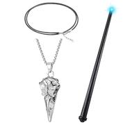 Chicingyou Dark Evil Wizard Cosplay Costume Set Include Raven Bird Skull Pendant Necklace with Black Light up Wand for Women, Gothic Magical Jewelry Black Witch Wand for Halloween Costume