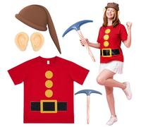 Chicingyou Halloween Dwarf Costume Set, Dwarf T-shirt Gnome Hat Fake Ears Pickaxe for Party Cosplay Gnome Costume Accessories, Brown,red, XXL