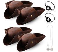 Chicingyou Pirate Hats Bulk Halloween Costume for Adult PU Leather Tricorn Pirate Hat Necklace Eye Patch Party Men Women, Brown, One size